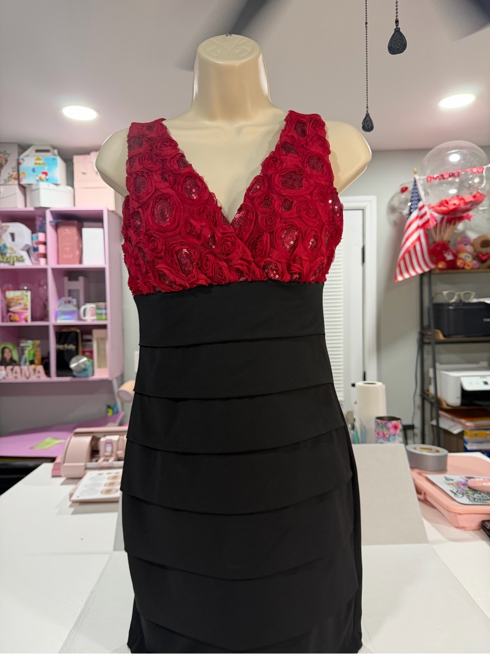 Sweet Storm Red & Black Textured V-Neck Mini Dress